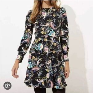 LOFT Birds of Paradise Black Paisley Floral Print Long Sleeve Dress